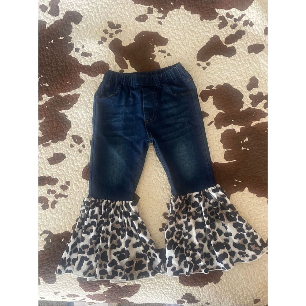 Little Girls Dark Blue Cheetah Flare Jeans